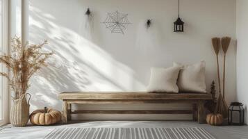 Cozy autumn corner with pumpkins, spider decorations, and warm sunlight in a rustic home setting photo