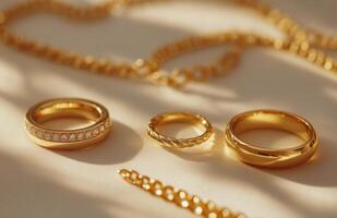 Elegant golden rings and chain displayed on a soft surface illuminated by warm sunlight photo