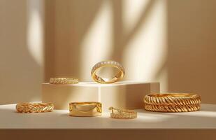 Elegant golden rings and chain displayed on a soft surface illuminated by warm sunlight photo