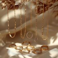 Elegant arrangement of gold and silver jewelry on a soft beige background in natural light photo