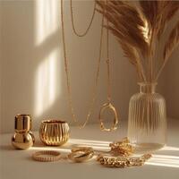 Elegant arrangement of gold and silver jewelry on a soft beige background in natural light photo