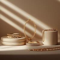 Elegant arrangement of gold and silver jewelry on a soft beige background in natural light photo