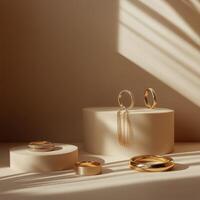 Elegant arrangement of gold and silver jewelry on a soft beige background in natural light photo