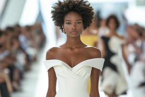 Elegant model showcasing a stunning white gown on the runway at a fashion event in an upscale venue photo