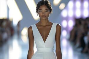 Elegant model showcasing a stunning white gown on the runway at a fashion event in an upscale venue photo