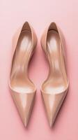 Elegant nude high heels displayed on a soft pink background in a minimalist setting photo