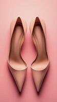Elegant nude high heels displayed on a soft pink background in a minimalist setting photo