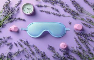 Lavender arrangement with sleep mask, ear plugs, and clocks on a purple background photo