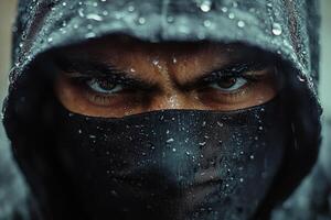 Mysterious figure with intense gaze dressed in rain soaked dark attire in an urban environment photo