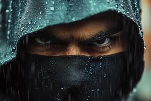 Mysterious figure with intense gaze dressed in rain soaked dark attire in an urban environment photo