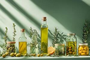 Capture of olive oil bottles and fresh ingredients on a green background photo