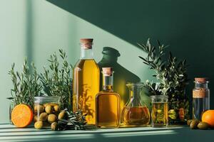 Capture of olive oil bottles and fresh ingredients on a green background photo