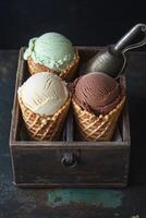 Three colorful ice cream cones displayed in a vintage wooden box on a dark surface photo