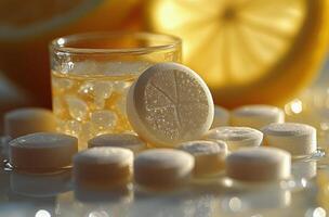 Refreshing citrus flavored effervescent tablets with lemon slices and sparkling drink on display photo