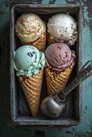 Three colorful ice cream cones displayed in a vintage wooden box on a dark surface photo