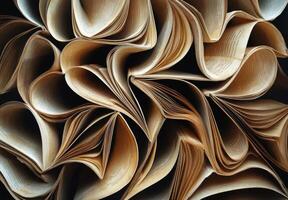 Artistic arrangement of open book pages forming intricate shapes in soft lighting photo
