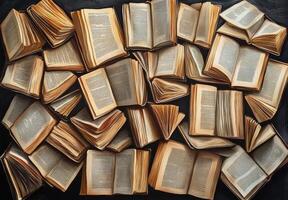 Artistic arrangement of open book pages forming intricate shapes in soft lighting photo