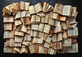 Artistic arrangement of open book pages forming intricate shapes in soft lighting photo