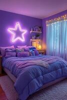 Cozy purple bedroom featuring a star shaped light and soft textures at night photo