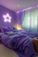 Cozy purple bedroom featuring a star shaped light and soft textures at night photo