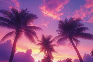 Vibrant sunset view over the ocean with palm trees silhouetted in a tropical paradise photo