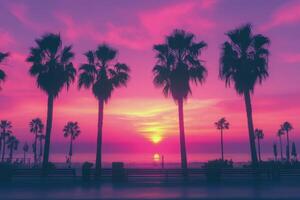 Vibrant sunset view over the ocean with palm trees silhouetted in a tropical paradise photo