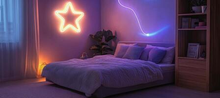 Cozy modern bedroom with star light and soft bedding in evening ambiance photo