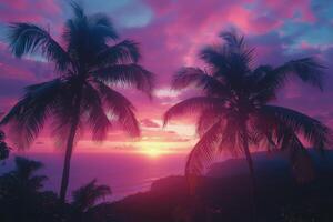 Vibrant sunset view over the ocean with palm trees silhouetted in a tropical paradise photo