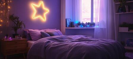 Cozy modern bedroom with star light and soft bedding in evening ambiance photo