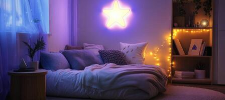 Cozy modern bedroom with star light and soft bedding in evening ambiance photo