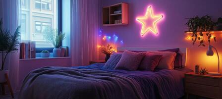 Cozy modern bedroom with star light and soft bedding in evening ambiance photo
