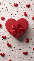 Heart shaped gift box surrounded by red hearts on white background for romantic occasions photo