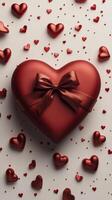 Heart shaped gift box surrounded by red hearts on white background for romantic occasions photo