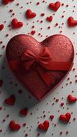 Heart shaped gift box surrounded by red hearts on white background for romantic occasions photo