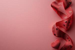 Red ribbon with heart patterns and a heart shaped decoration on a soft pink background photo