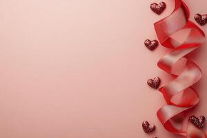 Red ribbon with heart patterns and a heart shaped decoration on a soft pink background photo
