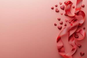 Red ribbon with heart patterns and a heart shaped decoration on a soft pink background photo
