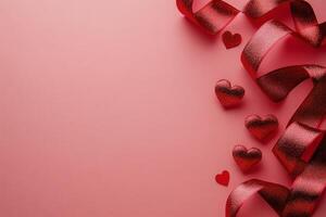 Red ribbon with heart patterns and a heart shaped decoration on a soft pink background photo