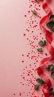 Decorative red ribbon with heart shapes on a pink background for celebration purposes photo
