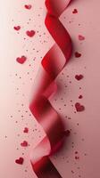 Decorative red ribbon with heart shapes on a pink background for celebration purposes photo