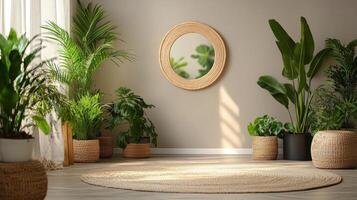 Cozy indoor plants arranged beside a round mirror in a sunny corner of a living space photo