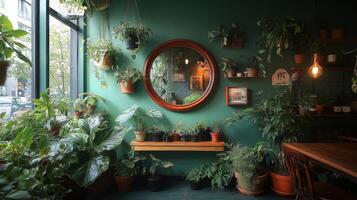 Cozy indoor plants arranged beside a round mirror in a sunny corner of a living space photo