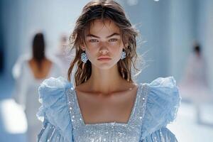 A model showcases a blue gown with intricate details on the runway during a fashion event photo