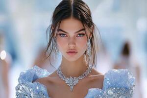 A model showcases a blue gown with intricate details on the runway during a fashion event photo