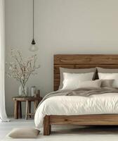 Cozy bedroom with wooden furniture and decorative flowers in a calm, serene setting photo
