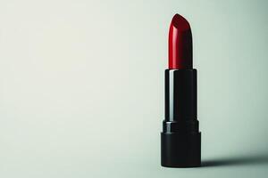 Bright red lipstick tube placed on a light surface with a minimalist design in a stylish setting photo