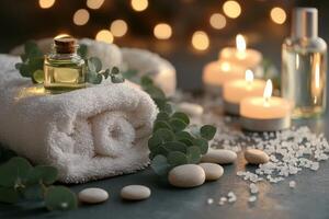 Relaxing spa setting with essential oils, candles, and fresh towels arranged on a table photo