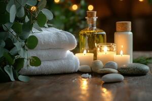 Relaxing spa setting with essential oils, candles, and fresh towels arranged on a table photo