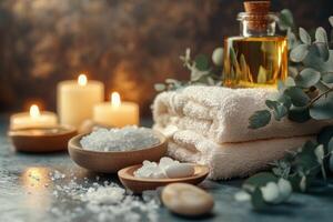 Relaxing spa setting with essential oils, candles, and fresh towels arranged on a table photo