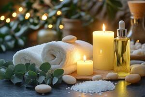 Relaxing spa setting with essential oils, candles, and fresh towels arranged on a table photo